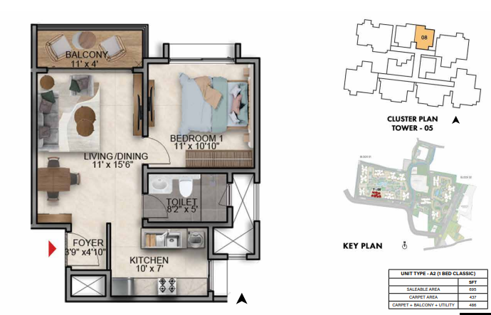 1 BHK - 695 sq.ft